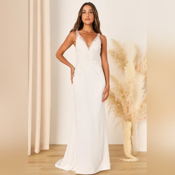 Precious Promise White Satin Embroidered Lace Mermaid Maxi Dress - small - Picture 2 of 10